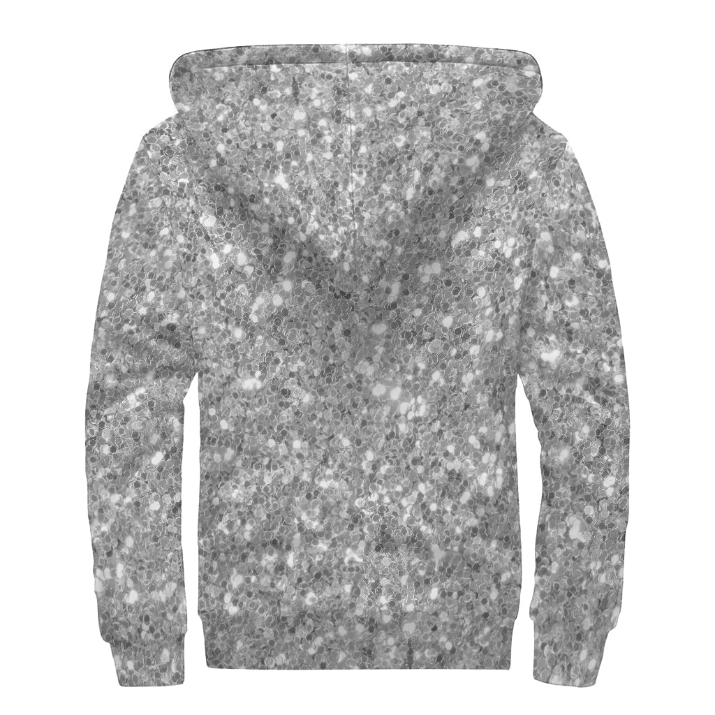 Silver Not Real Glitter Print Sherpa Lined Zip Up Hoodie for Groovy Hippies - 2