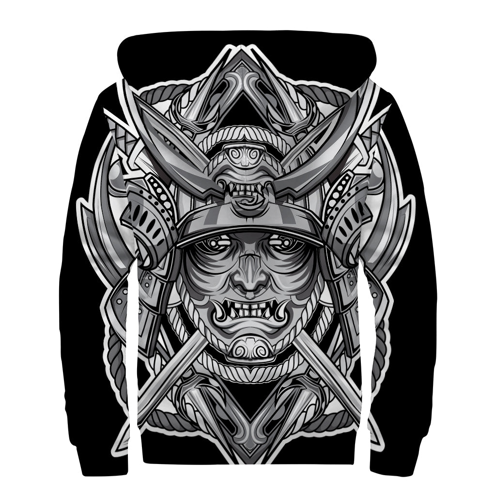 Silver Samurai Mask Print Sherpa Lined Zip Up Hoodie for Free-Spirited Hippies - 2