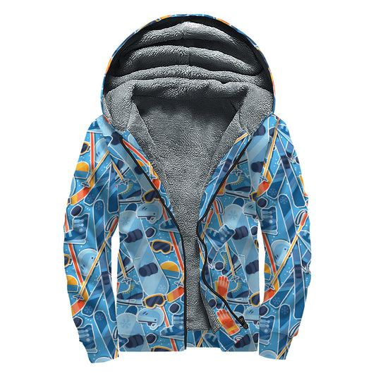 Groovy Skiing Equipment Pattern Sherpa Lined Zip Up Hoodie for Hippie Vibes - 1