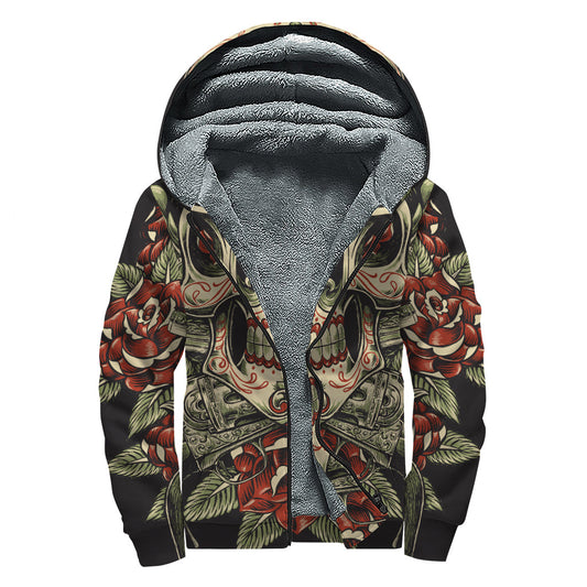 Skull and Roses Tattoo Print Sherpa Lined Zip Up Hoodie: Embrace the Hippie Spirit in Style - 1