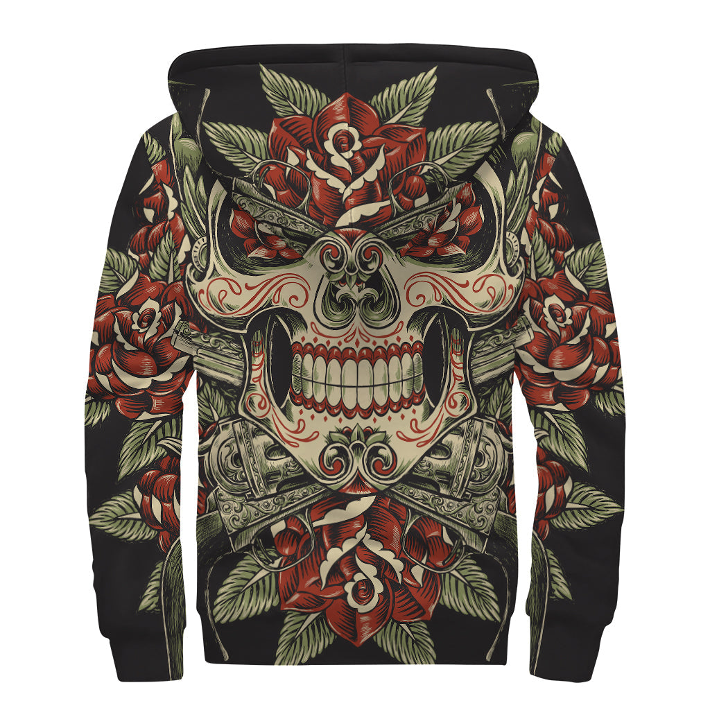 Skull and Roses Tattoo Print Sherpa Lined Zip Up Hoodie: Embrace the Hippie Spirit in Style - 2