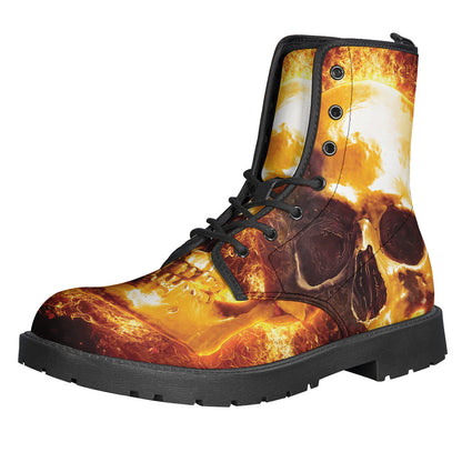 Light Up Your Style with Skull in Flames Leather Lightweight Boots for Hippies - 1