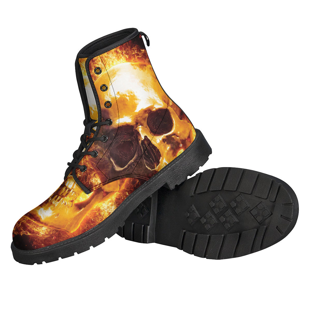 Light Up Your Style with Skull in Flames Leather Lightweight Boots for Hippies - 2