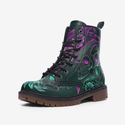 Emerald Blossoms - Skulls And Flowers Vegan Leather Combat Boots For Hippies