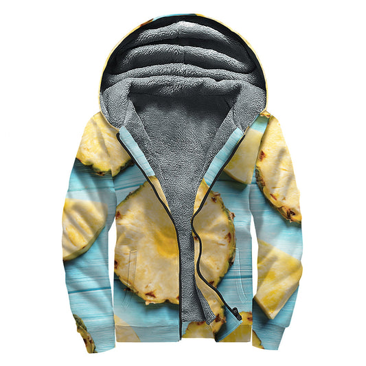 Sliced Pineapple Print Sherpa-Lined Zip Up Hoodie for Groovy Hippies - 1