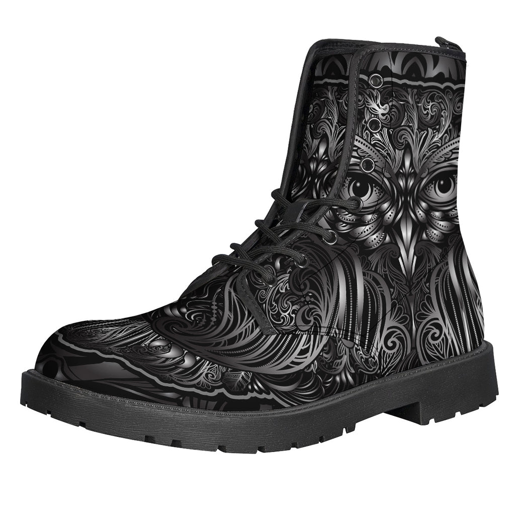 Sliver Spiritual Owl Print Leather Lightweight Boots for Fashionable Hippies - 1