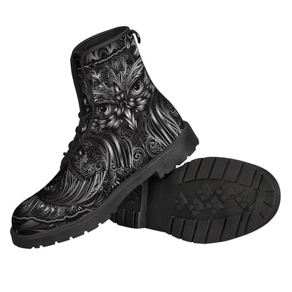 Sliver Spiritual Owl Print Leather Lightweight Boots for Fashionable Hippies - 2