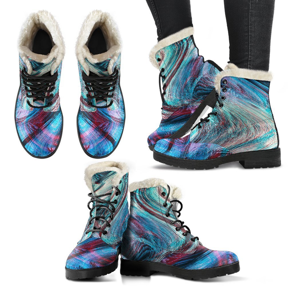 Smoke Psychedelic Trippy Print Faux Fur Leather Boots for Groovy Hippies - 2