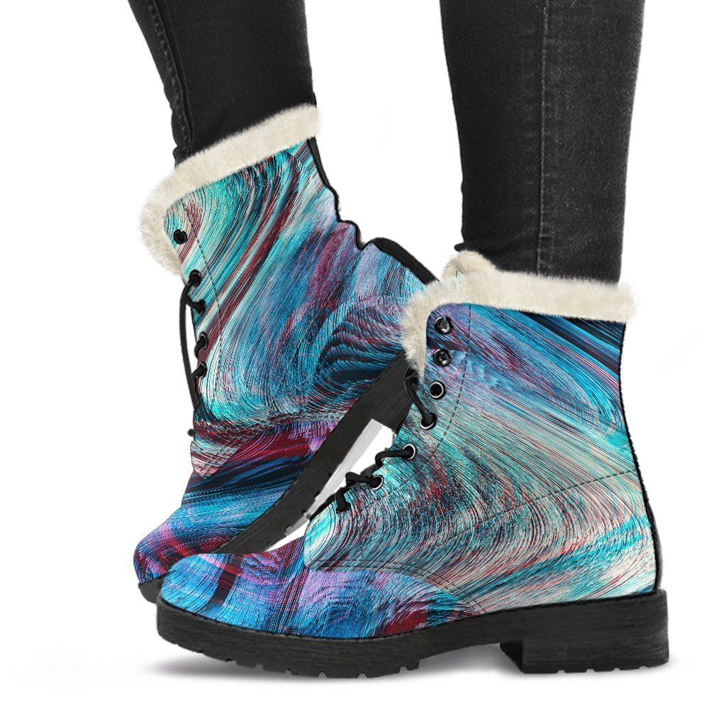 Smoke Psychedelic Trippy Print Faux Fur Leather Boots for Groovy Hippies - 1