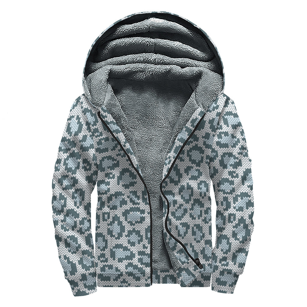 Snow Leopard Knitted Pattern Print Sherpa Lined Zip Up Hoodie - 1