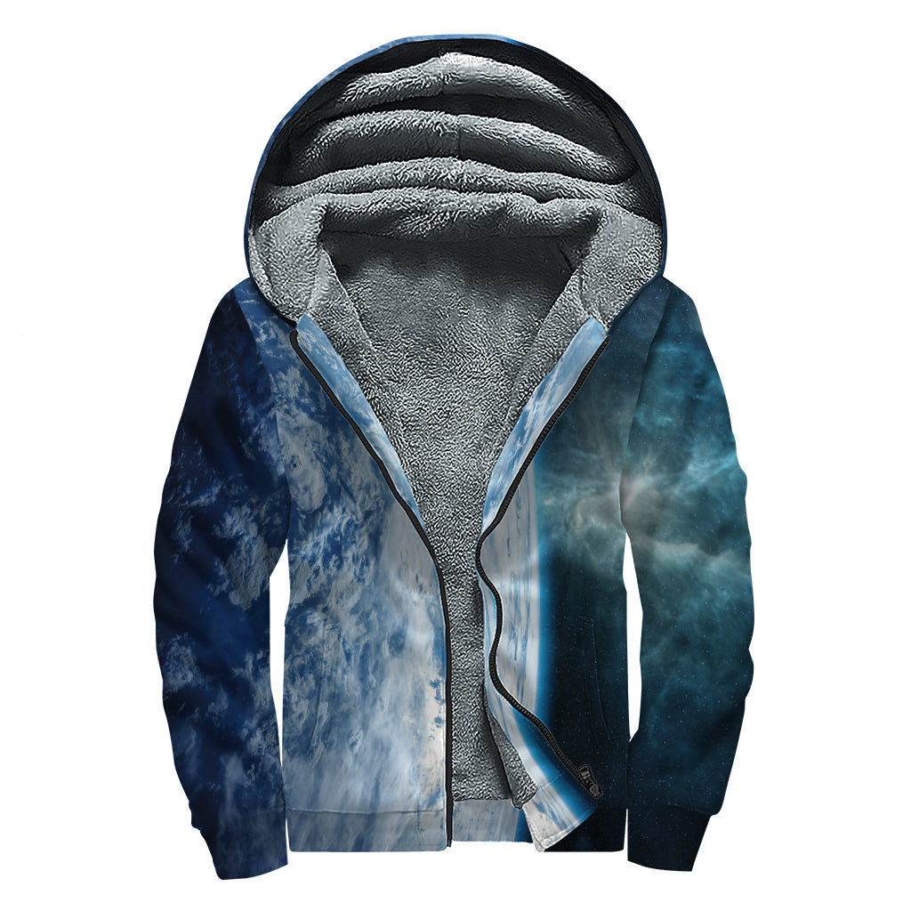 Space and Earth Print Sherpa Lined Zip Up Hoodie: Embrace Your Inner Hippie Style - 1