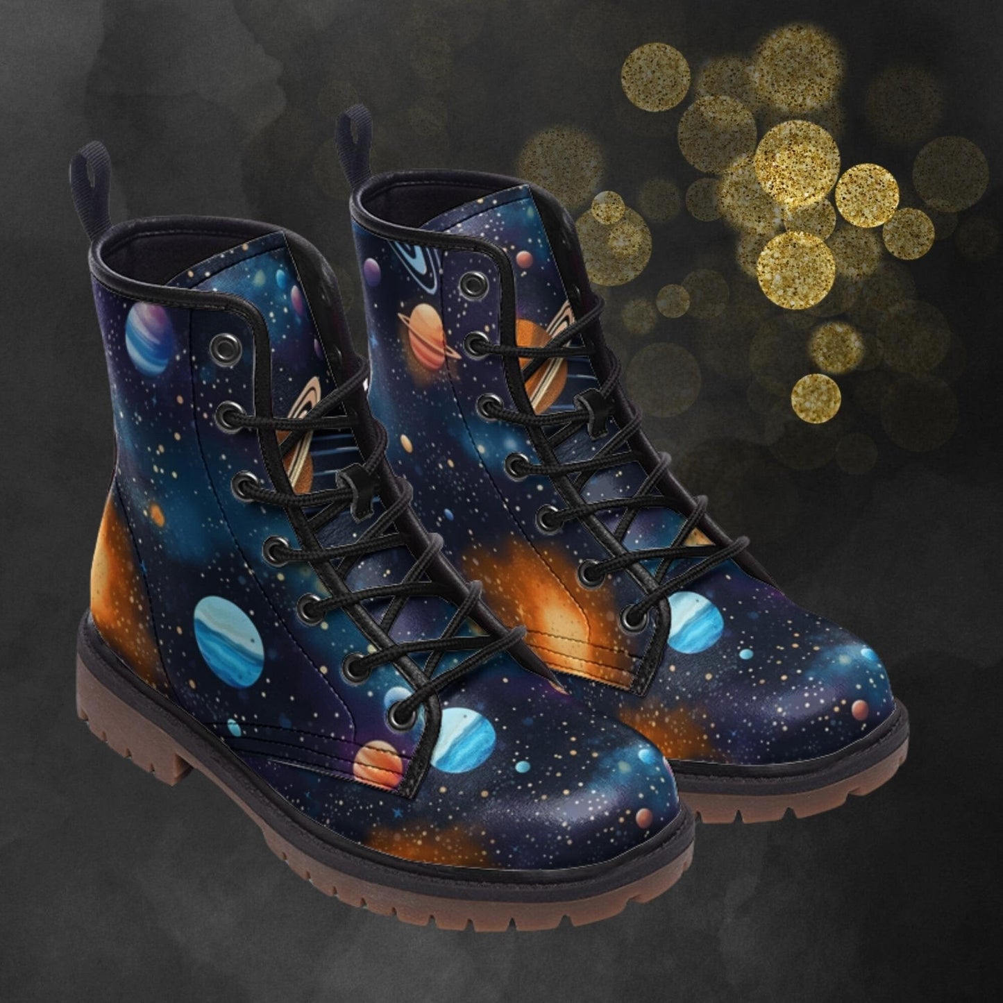 Emerald Blossoms - Space Planets Vegan Leather Combat Boots For Hippies