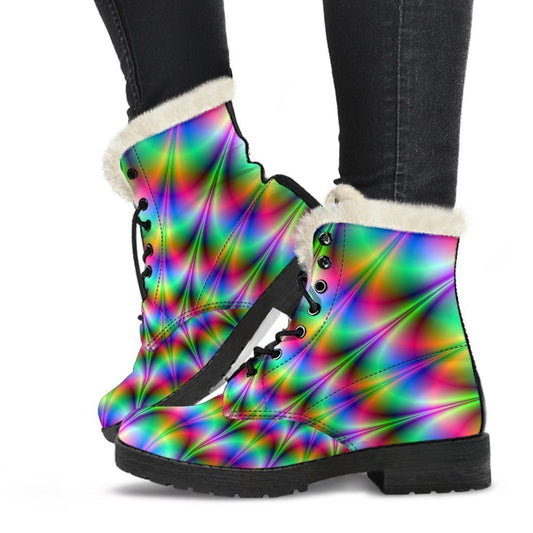 Groovy Vibes: Spiky Psychedelic Faux Fur Leather Boots for Hippies - 1