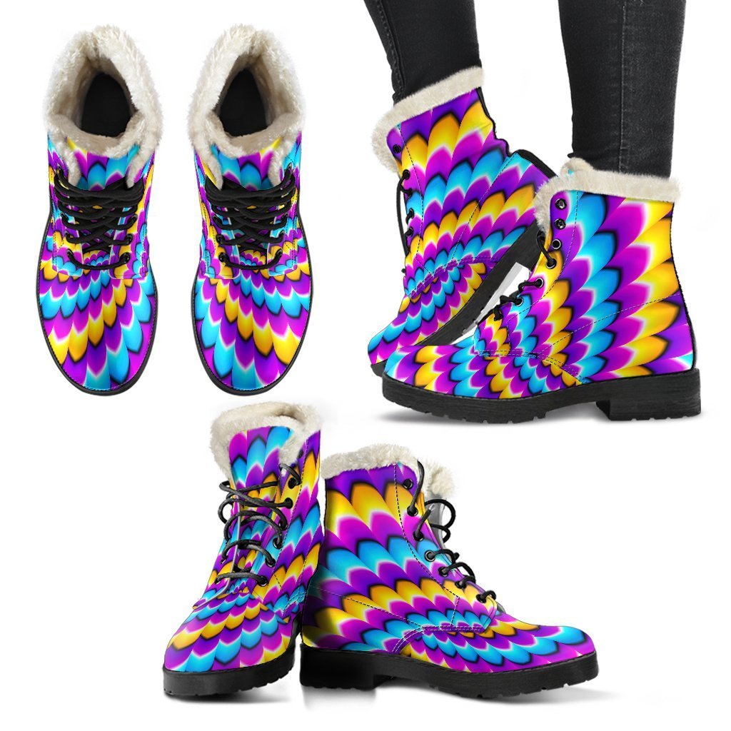 Spiral Colors Moving Optical Illusion Hippie Faux Fur Leather Boots - 2