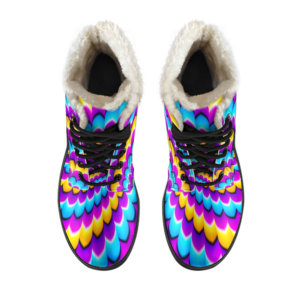 Spiral Colors Moving Optical Illusion Hippie Faux Fur Leather Boots - 4