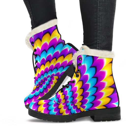 Spiral Colors Moving Optical Illusion Hippie Faux Fur Leather Boots - 1