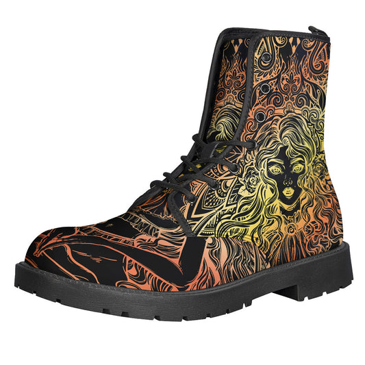 Boho Chic: Spiritual Girl Mandala Print Leather Boots - 1