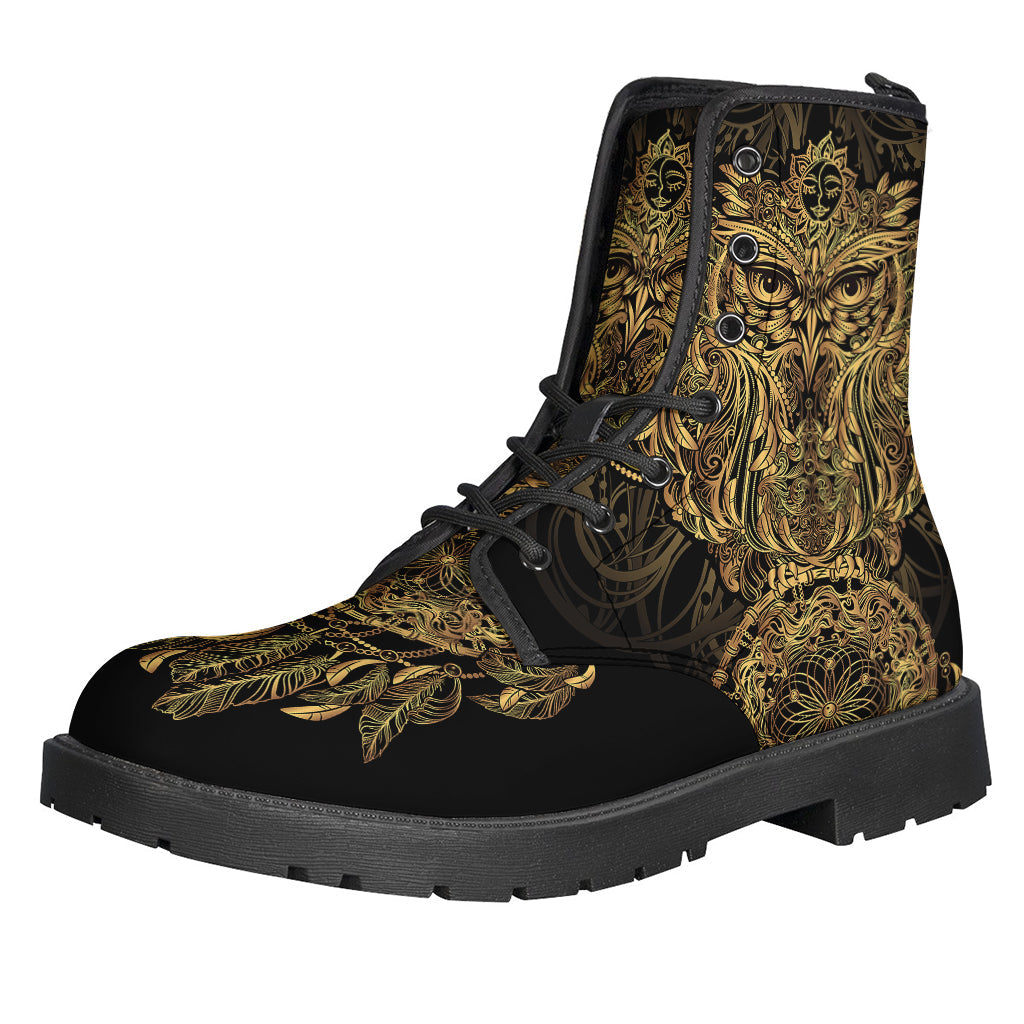 Spiritual Owl with Dreamcatcher Print Leather Boots for Free-Spirited Hippies - 1