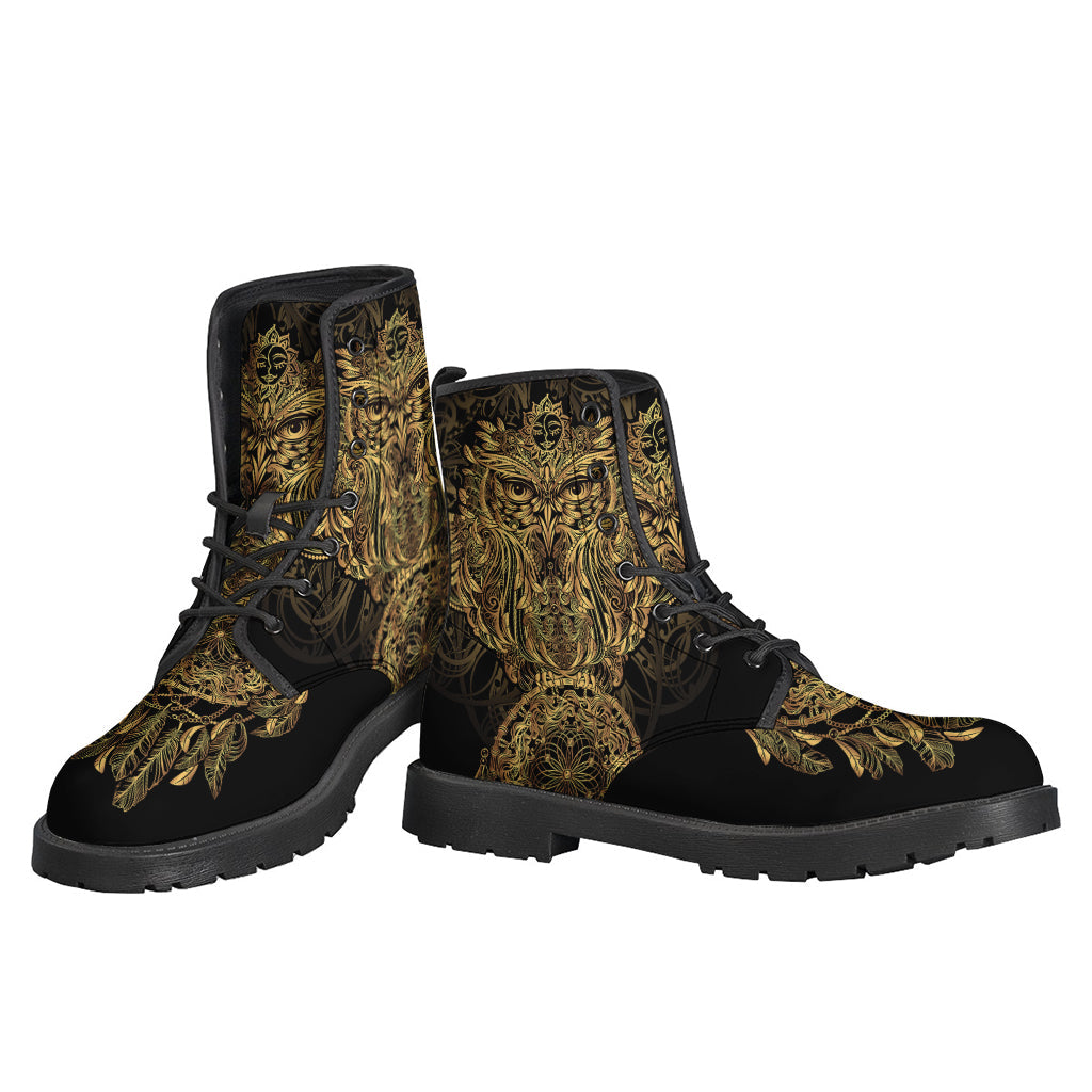 Spiritual Owl with Dreamcatcher Print Leather Boots for Free-Spirited Hippies - 3