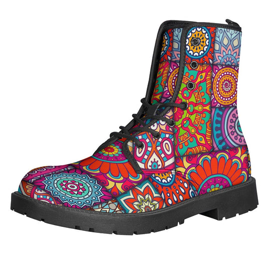 Step Out in Style with Bohemian Mandala Patchwork Leather Boots for Hippies - 1