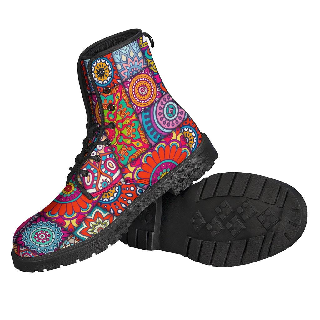 Step Out in Style with Bohemian Mandala Patchwork Leather Boots for Hippies - 2