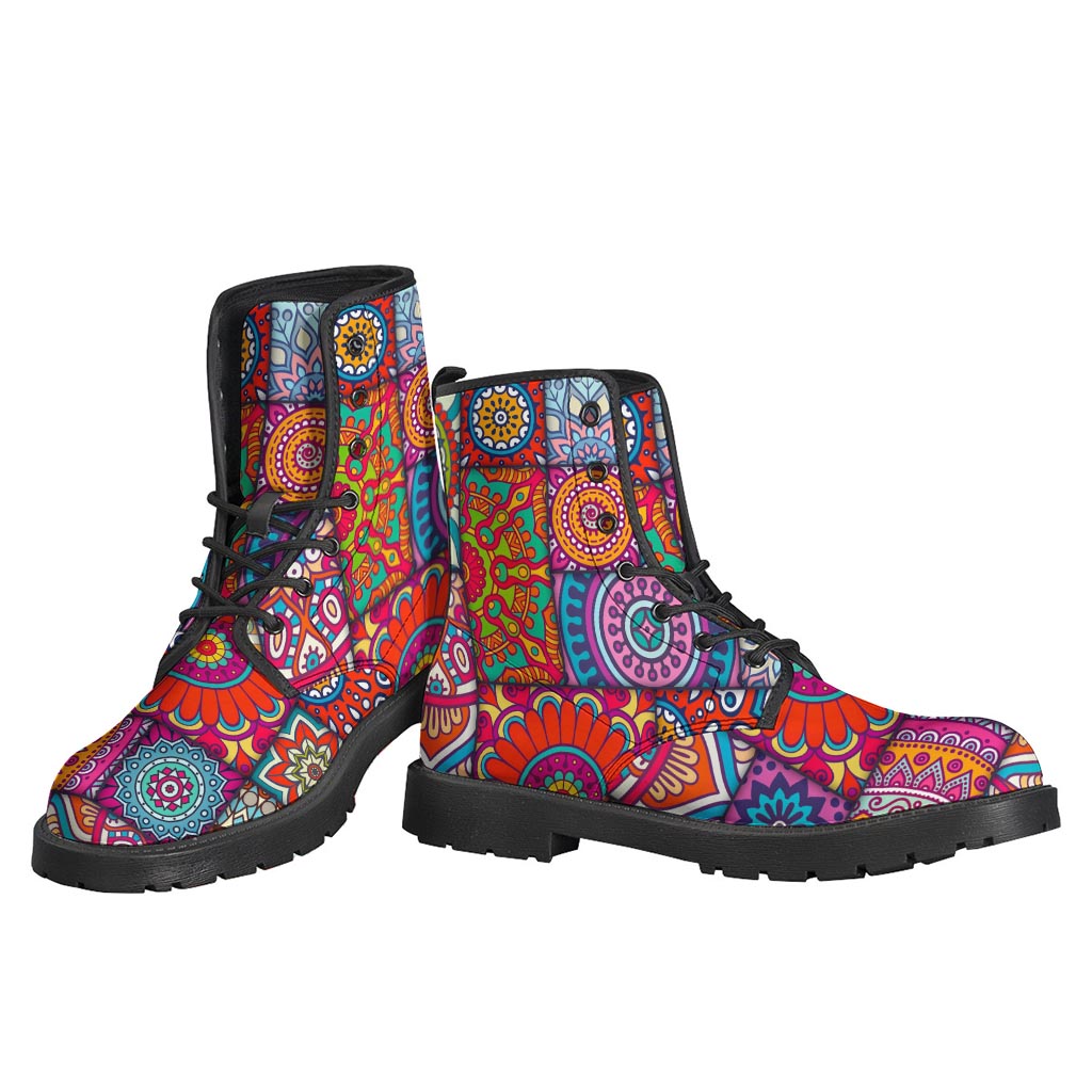 Step Out in Style with Bohemian Mandala Patchwork Leather Boots for Hippies - 3