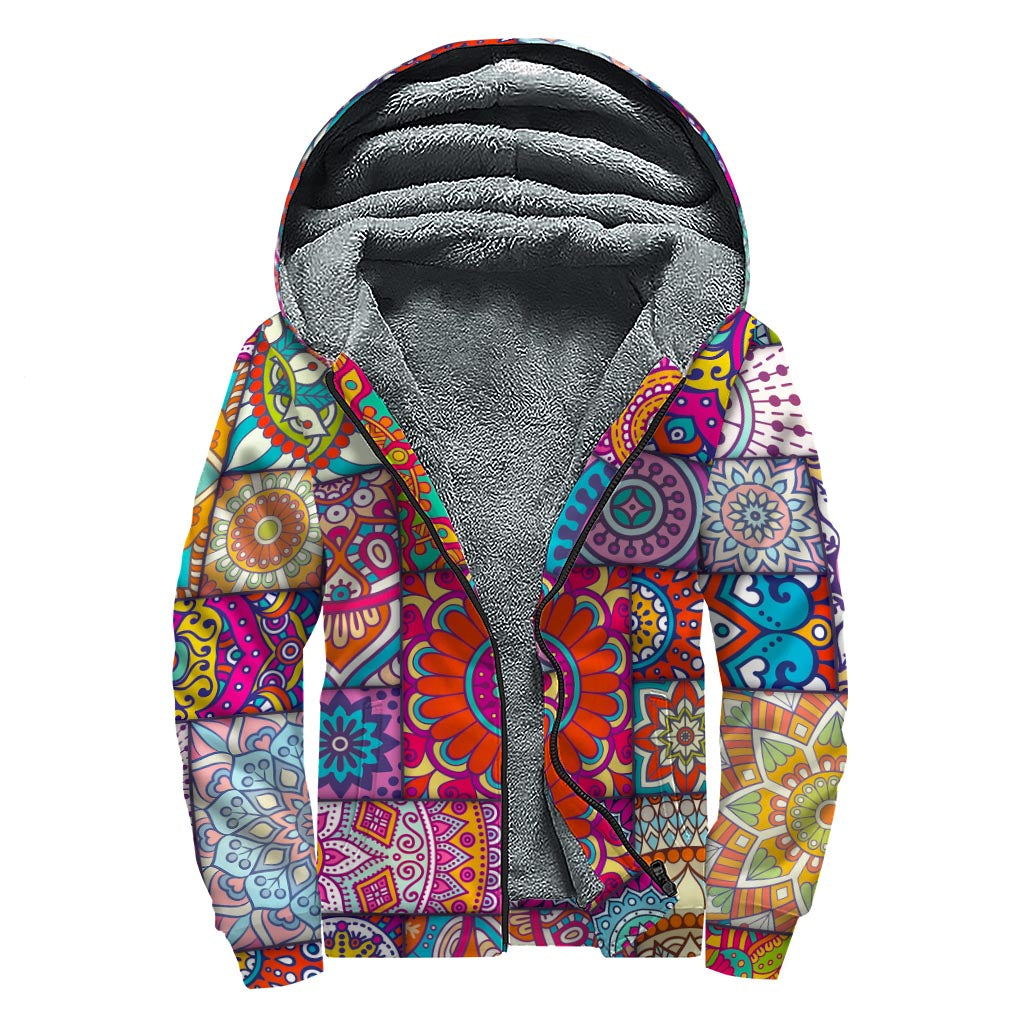 Bohemian Mandala Patchwork Sherpa Hoodie for Free Spirited Hippies - 1