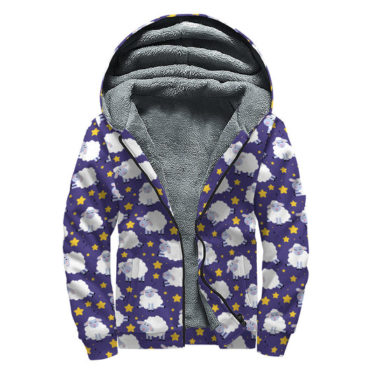 Star and Sheep Pattern Print Sherpa Lined Zip Up Hoodie for Groovy Hippies - 1