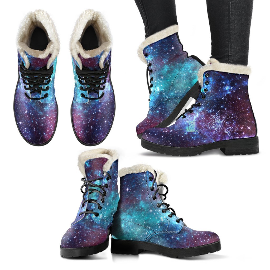 Starfield Nebula Galaxy Space Print Faux Fur Leather Hippie Boots - 2