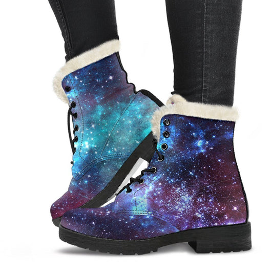 Starfield Nebula Galaxy Space Print Faux Fur Leather Hippie Boots - 1