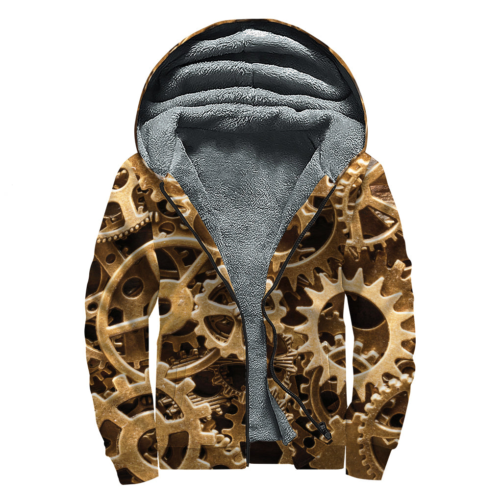 Groovy Steampunk Brass Cogs and Gears Sherpa Lined Hoodie - 1