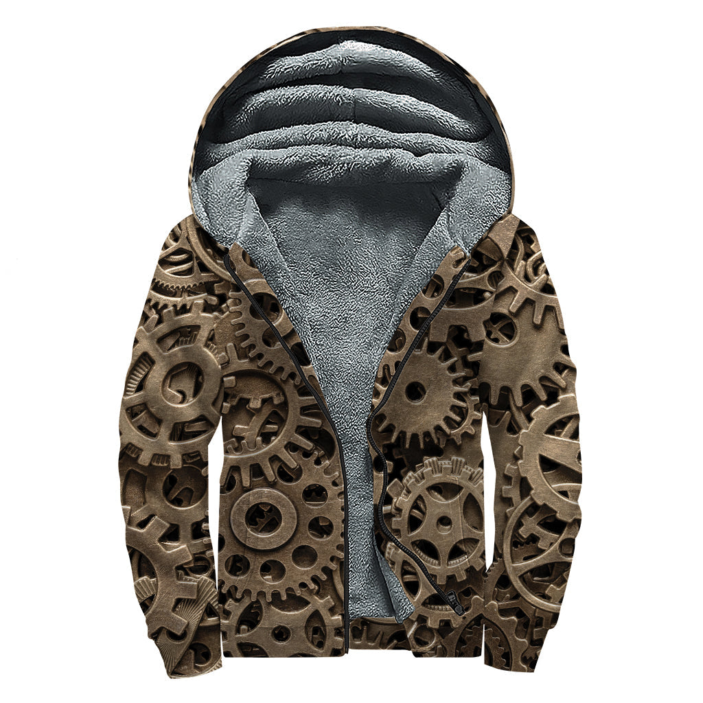 Boho Bliss: Steampunk Brass Gears and Cogs Sherpa Lined Zip Up Hoodie - 1