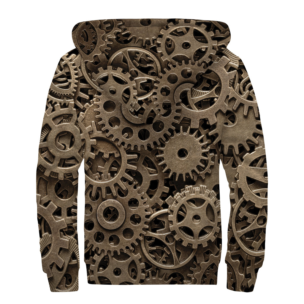 Boho Bliss: Steampunk Brass Gears and Cogs Sherpa Lined Zip Up Hoodie - 2