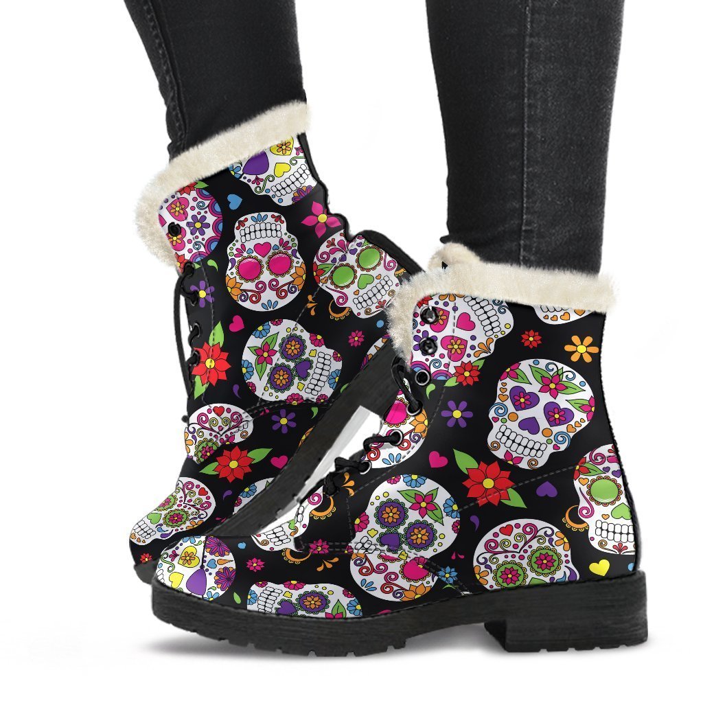 Emerald Blossoms - Sugar Skull Print Comfy Faux Fur Boots For Holiday Season

Get ready to elevate your boho-chic style with these stunning Hippies Faux Fur Leather Boots! Featuring a unique sugar skull pattern print, these boots are sure to make a statement wherever you go. The plush faux fur lining will keep your feet warm and cozy, while the durable leather construction ensures long-lasting wear. Whether you're heading to a music festival or just want to add some eclectic flair to your everyday look, the