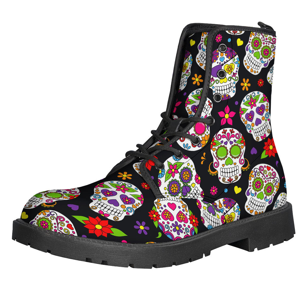 Sugar Skull Pattern Print Leather Boots for the Modern Hippie - 1