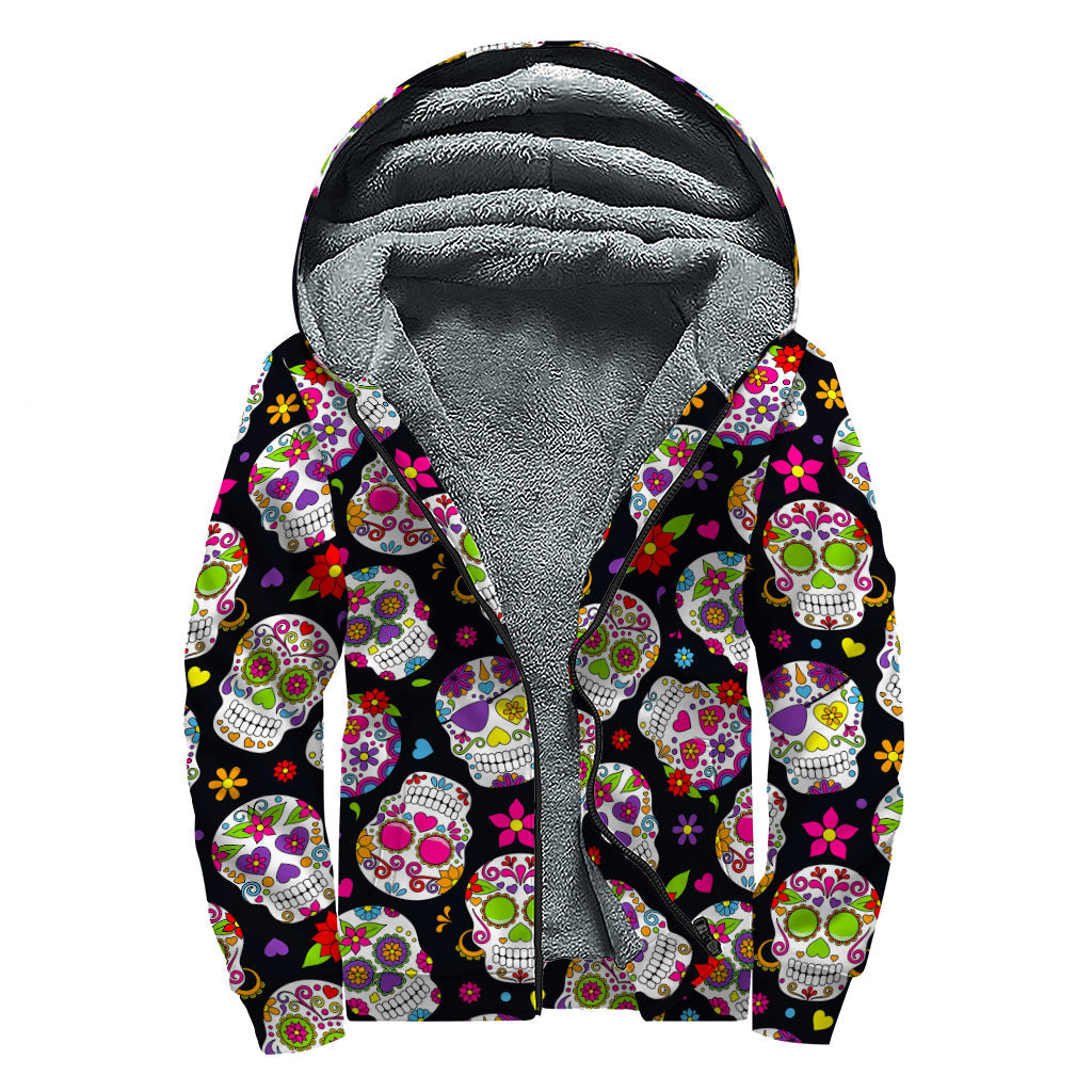 Groovy Sugar Skull Sherpa Lined Zip Up Hoodie - 1