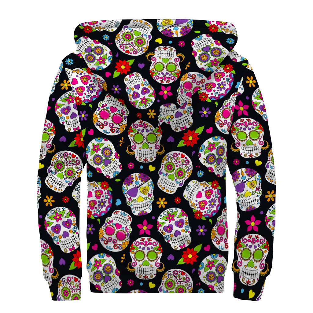 Groovy Sugar Skull Sherpa Lined Zip Up Hoodie - 2