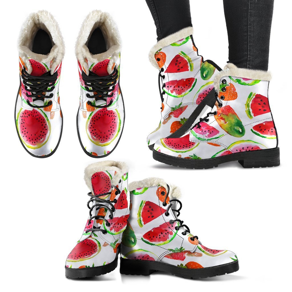 Summer Fruits Watermelon Pattern Faux Fur Leather Boots for Hippies - 2