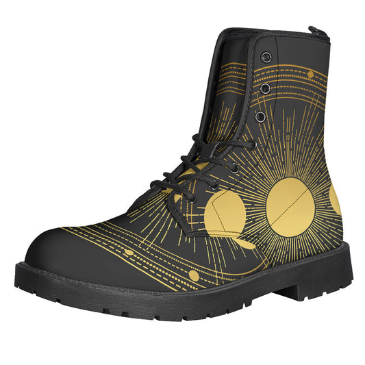 Sun and Moon Phase Printed Leather Hippie Boots - 1