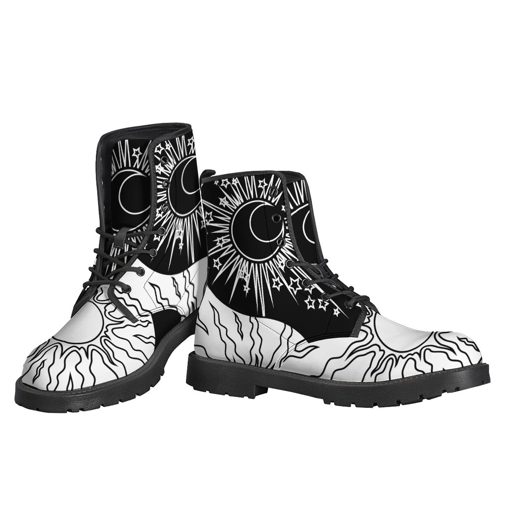 Sun and Moon Yin Yang Leather Lightweight Boots for Hippies - 3