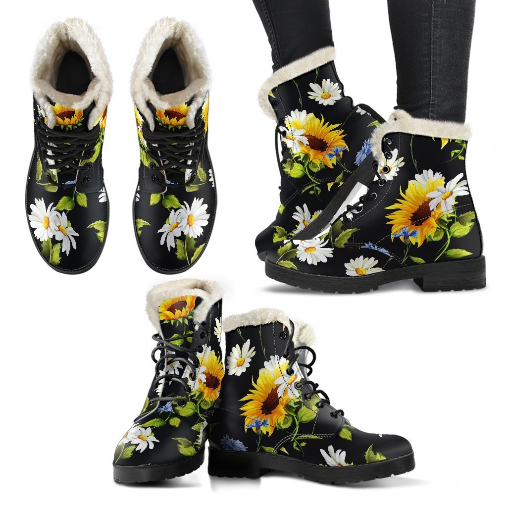 Sunflower and Chamomile Faux Fur Leather Boots: Embrace Your Inner Hippie Style - 2