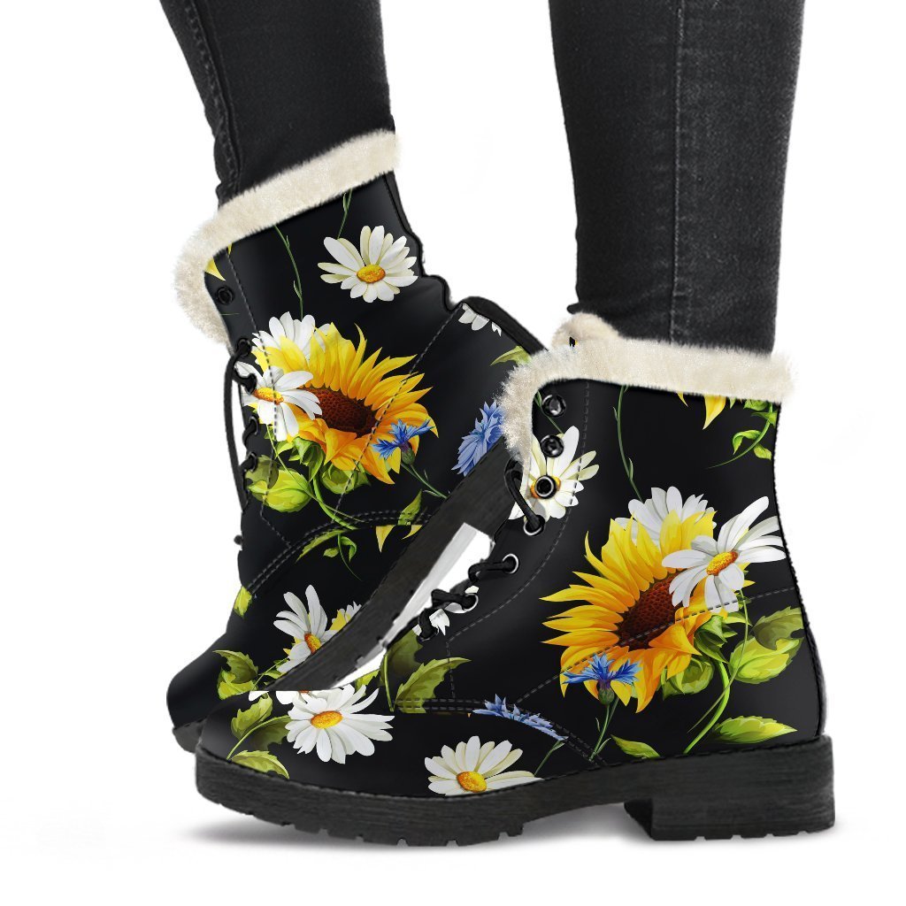 Sunflower and Chamomile Faux Fur Leather Boots: Embrace Your Inner Hippie Style - 1