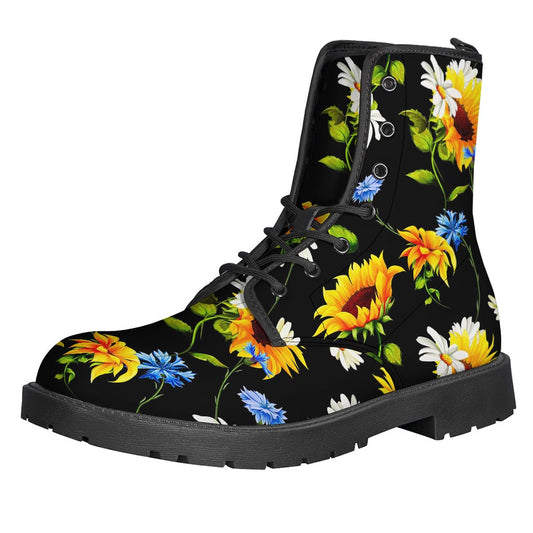 Sunflower Chamomile Pattern Leather Boots: Embrace Your Inner Hippie Style - 1