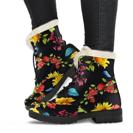 Sunflower Power Faux Fur Leather Boots for Hippies - 1