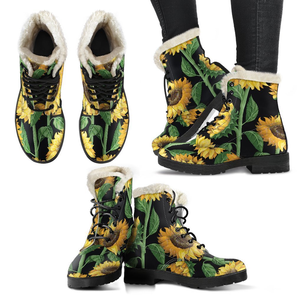 Sunflower Pattern Faux Fur Leather Hippie Boots - 2