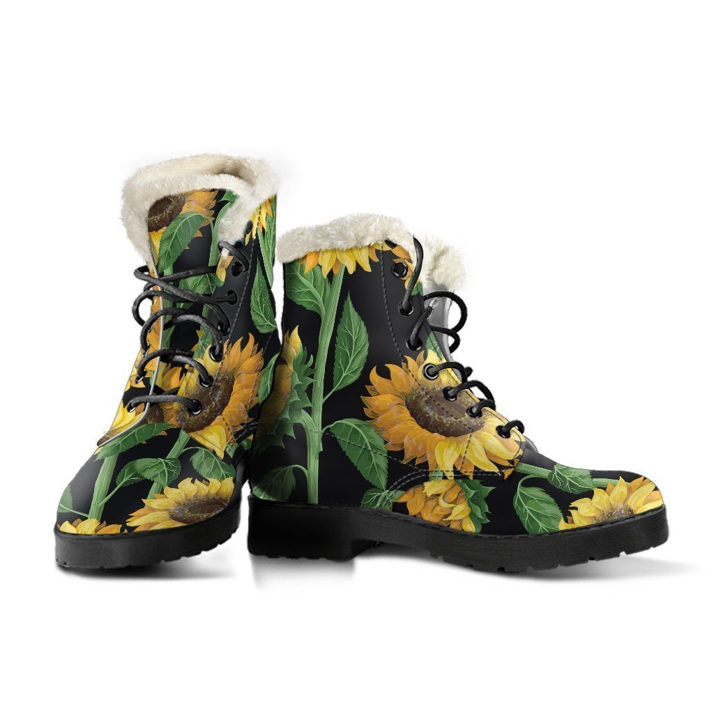 Sunflower Pattern Faux Fur Leather Hippie Boots - 3