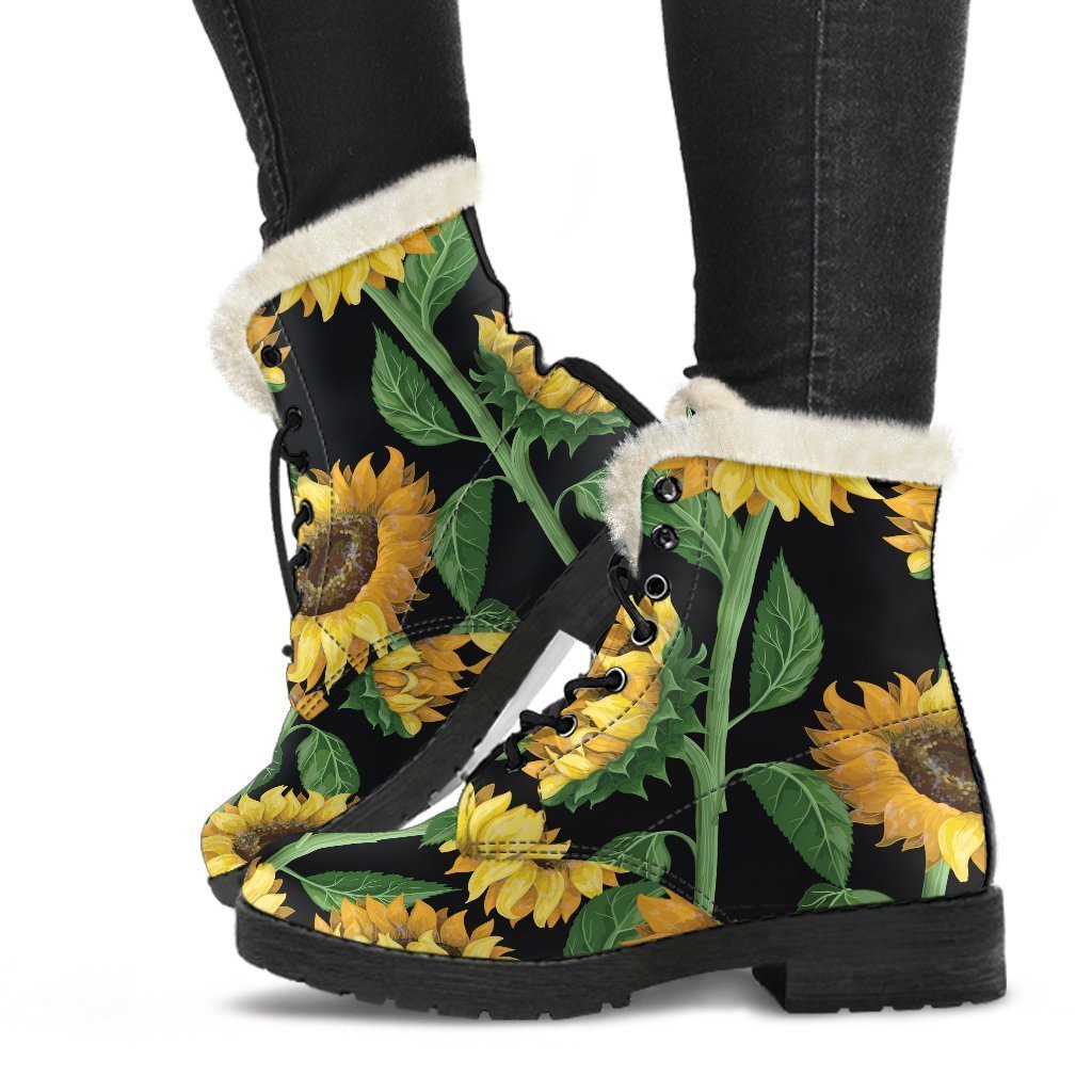 Sunflower Pattern Faux Fur Leather Hippie Boots - 1