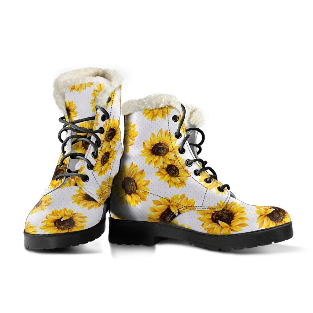 Sunflower and Polka Dot Pattern Faux Fur Leather Boots for Groovy Hippies - 3