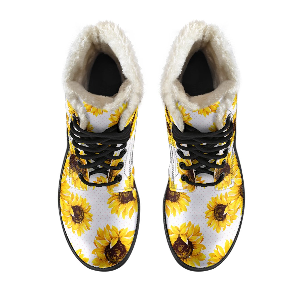 Sunflower and Polka Dot Pattern Faux Fur Leather Boots for Groovy Hippies - 4