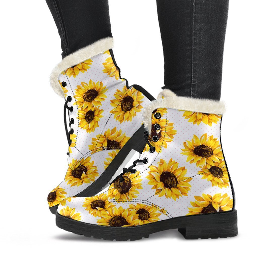 Sunflower and Polka Dot Pattern Faux Fur Leather Boots for Groovy Hippies - 1